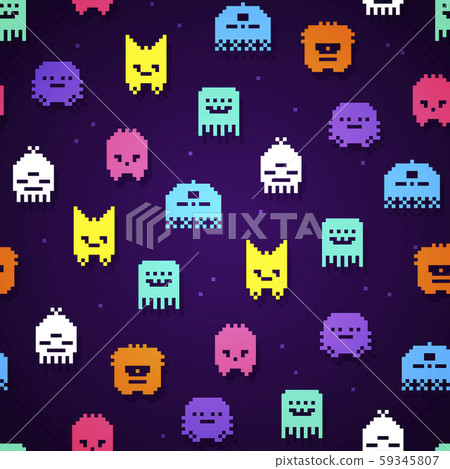 Vector Illustration seamless 8bit pixel monsters pattern. Retro game monster texture. 59345807