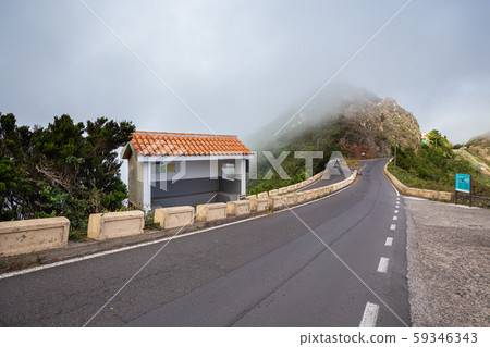 The road in mountains through clouds and trees The road in mountains through clouds and trees 59346343