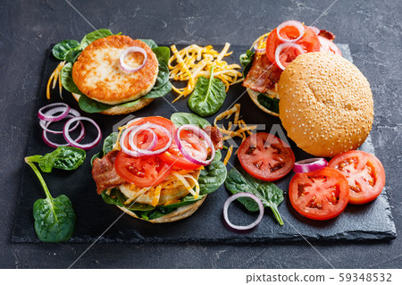 juicy turkey burgers on buns, top view juicy turkey burgers on buns, top view 59348532
