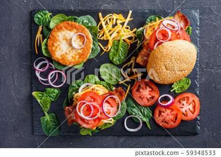 turkey burgers with marble cheese, top view turkey burgers with marble cheese, top view 59348533