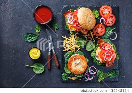 turkey burgers with marble cheese, top view turkey burgers with marble cheese, top view 59348534