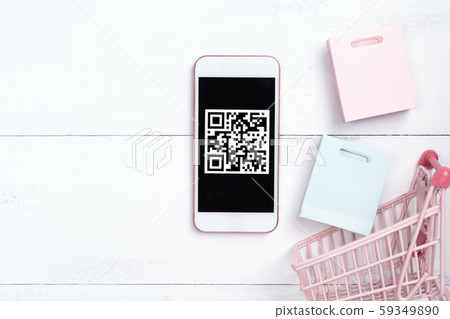 購物頂視圖白色手持機購物手機平躺購物 59349890
