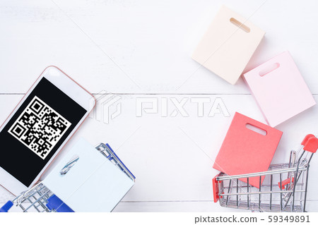 購物頂視圖白色手持機購物手機平躺購物 59349891