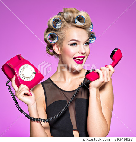 Cheerful angry caucasian woman yelling at retro 59349928