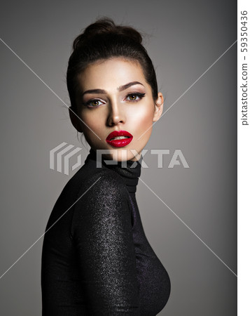 Beautiful young fashion woman with red lipstick. Beautiful young fashion woman with red lipstick. 59350436