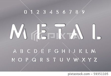 Set of letters and numbers in metal plate. Metallic material style of alphabet. Steel plate with 59351105