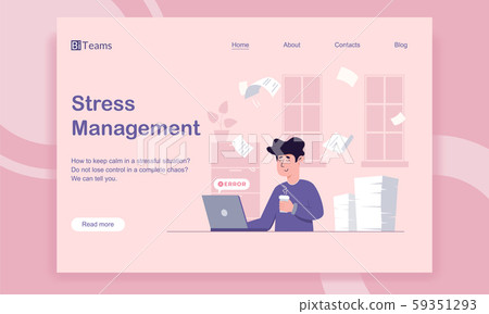 Stress management first screen vector template with male worker, who calmly made a coffee break before solving the problem with his laptop. Balance and anti-stress concepts. Stress management first screen vector template with male worker, who calmly made a coffee break before solving the problem with his laptop. Balance and anti-stress concepts. 59351293