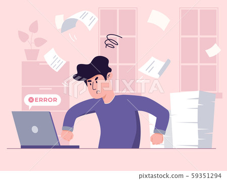 Young male-worker is fighting with his laptop, while his pile of papers stays unchecked. Burning deadlines concept. 59351294