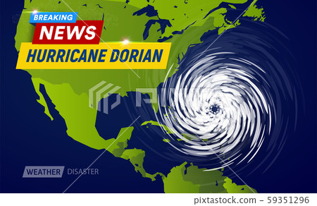 Dorian Hurricane cyclone on USA map, typhoon spiral storm over Florida, spin vortex on black 59351296
