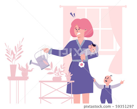 Tired yound mother, trying to combine parenting and housework. Postpartum depression concept. Colorful vector illustration for web and printing. Tired yound mother, trying to combine parenting and housework. Postpartum depression concept. Colorful vector illustration for web and printing. 59351297