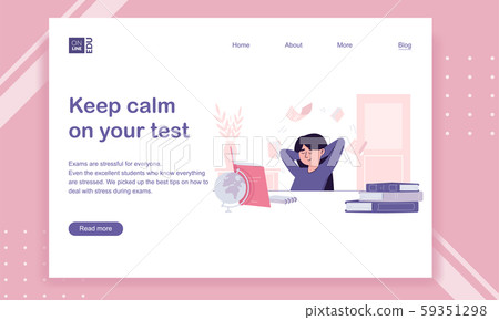 Vector first screen template for educational website with a girl-student, sitting at the books in a good and relaxed mood. Anti-stress tips for students before an exam. Balance and confidence. 59351298