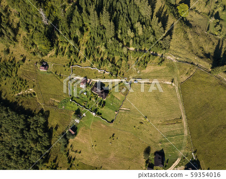 Aerial view monastery in Carpathian village 59354016