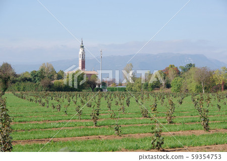 Bessica, italy, 11/01/2019 , View from a distance of the Bessica church and bell tower, with the altopiano of Asiago mountains on the background. 59354753