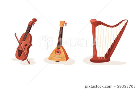 Various Types of Stringed National and Classical Musical Instruments Vector Illustration Set 59355705