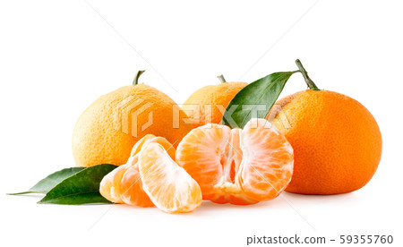 Ripe tangerines with leaves and peeled on a white Ripe tangerines with leaves and peeled on a white 59355760