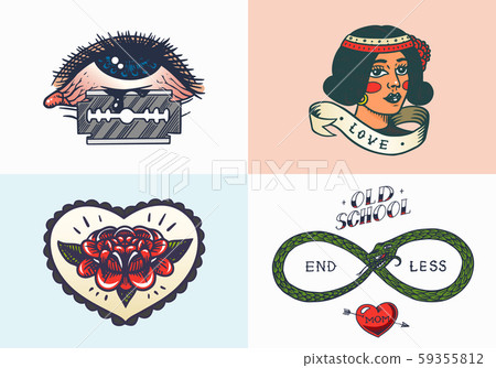 Old school Tattoo stickers. Eye and woman, heart and snake. Engraved hand drawn vintage retro sketch Old school Tattoo stickers. Eye and woman, heart and snake. Engraved hand drawn vintage retro sketch 59355812