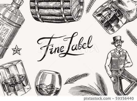 Vintage Whiskey banner. Strong Alcohol drink background. Glass bottle, wooden barrel, scotch and Vintage Whiskey banner. Strong Alcohol drink background. Glass bottle, wooden barrel, scotch and 59356440