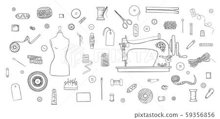 Ink pen set of objects for sewing, handicraft. Ink pen set of objects for sewing, handicraft. 59356856