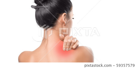 Health care and medical concept: pain in a neck. Woman neck and back close up. Health care and medical concept: pain in a neck. Woman neck and back close up. 59357579