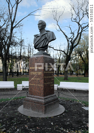 Bust of Mikhail Lermontov in Alexander Garden. St. Petersburg Bust of Mikhail Lermontov in Alexander Garden. St. Petersburg 59358011