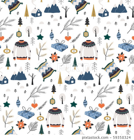 Christmas seamless pattern in scandinavian style. Folk collection. Christmas texture with floral Christmas seamless pattern in scandinavian style. Folk collection. Christmas texture with floral 59358324