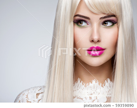 Beautiful woman with long white straight hairs Beautiful woman with long white straight hairs 59359890