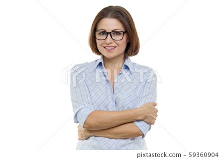 Smiling middle aged woman with folded arms on white background, isolated 59360904