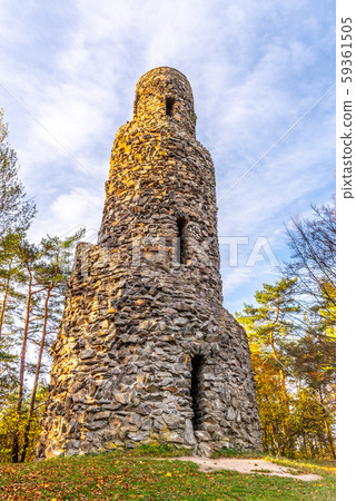 Spiral lookout tower of Krasno. Unusual stone landmark near Krasno Village, Czech Republic 59361505