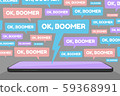 Vector illustration of smartphone and multiple OK Boomer chat bubbles represents social media conflict between baby boomers and younger generation Z and millennials, ignited by popular memes. 59368991