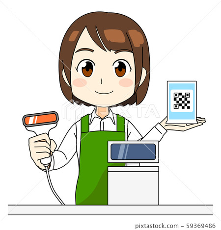 銷售員綠色圍裙條碼支付QR碼支付Smile 59369486