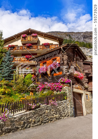 Houses in Zermatt alpine village, Switzerland 59373929