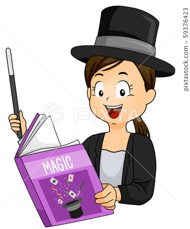Kid Girl Read Magic Book Wand Illustration 59376423