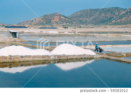 Workers gathering sea salt from harvesting sea salt in Ninh Thuan, Vietnam. Farmers harvest salt. Royalty high quality stock image of landscape. Workers gathering sea salt from harvesting sea salt in Ninh Thuan, Vietnam. Farmers harvest salt. Royalty high quality stock image of landscape. 59381012