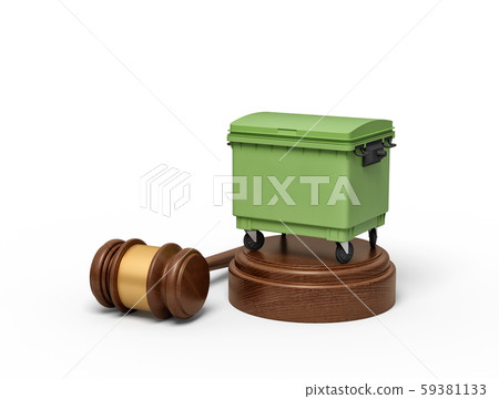 3d rendering of green trash bin on round wooden block and brown wooden gavel 59381133