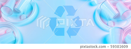 Disposable plastic tableware and recycling sign on a light background in pastel colors. Minimalistic 59381609