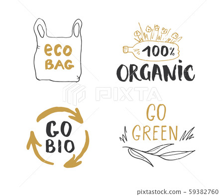 Eco and Bio Hand Drawn labels Set. Calligraphic Letterings with eco friendly sketch doodle elements. Vector illustration. 59382760