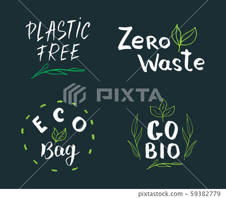 Eco and Bio Hand Drawn labels Set. Calligraphic Letterings with eco friendly sketch doodle elements. Vector illustration. 59382779