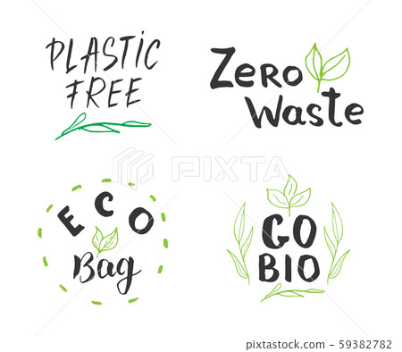 Eco and Bio Hand Drawn labels Set. Calligraphic Letterings with eco friendly sketch doodle elements. Vector illustration. 59382782