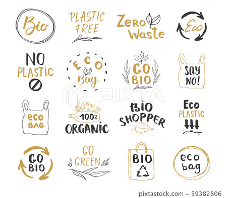 Eco and Bio Hand Drawn labels Set. Calligraphic Letterings with eco friendly sketch doodle elements. Vector illustration. 59382806
