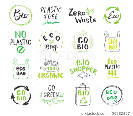 Eco and Bio Hand Drawn labels Set. Calligraphic Letterings with eco friendly sketch doodle elements. Vector illustration. 59382807
