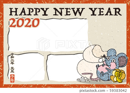 2020年新年賀卡模板“調皮的老鼠相框3張照片” HNY手寫字母空間 59383042