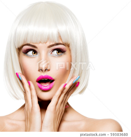 Surprised face of a pretty woman  with white hairs 59383680