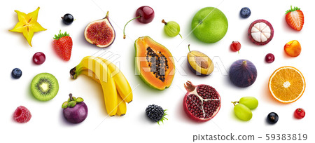Mix of different fruits and berries, flat lay, top view 59383819