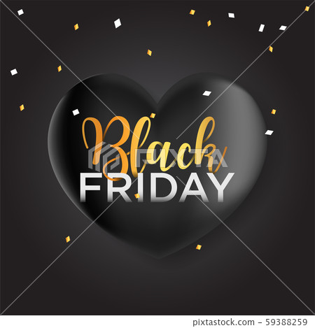 Black Friday banner, black balloon shaped heart and confetti 59388259
