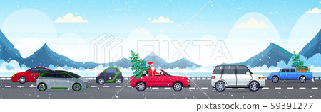 santa claus driving car with fir tree merry christmas happy new year holiday celebration concept 59391277