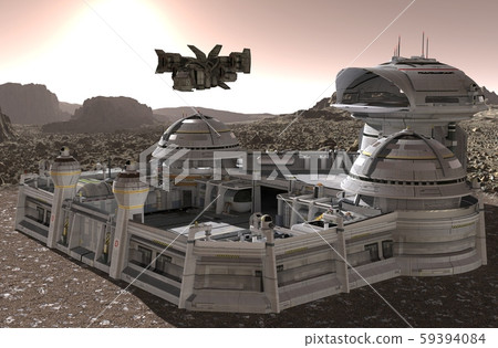 Mars colony. Expedition on alien planet. Life on Mars. 3d Illustration. 59394084
