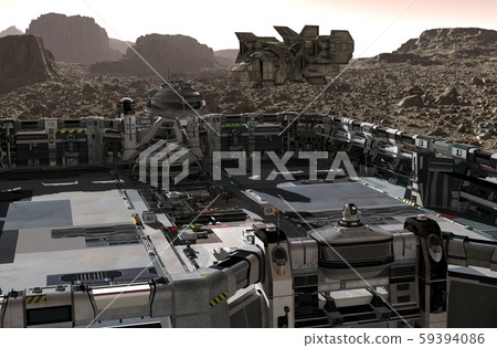 Mars colony. Expedition on alien planet. Life on Mars. 3d Illustration. 59394086