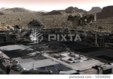 Mars colony. Expedition on alien planet. Life on Mars. 3d Illustration. 59394088