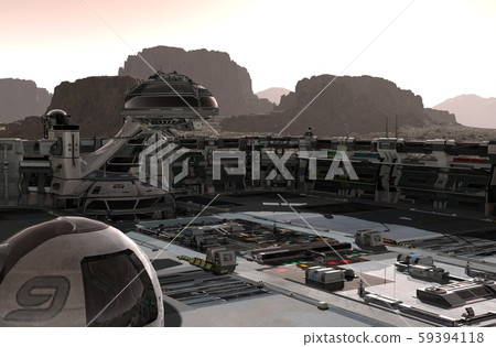 Mars colony. Expedition on alien planet. Life on Mars. 3d Illustration. 59394118