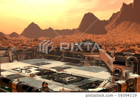 Mars colony. Expedition on alien planet. Life on Mars. 3d Illustration. 59394119